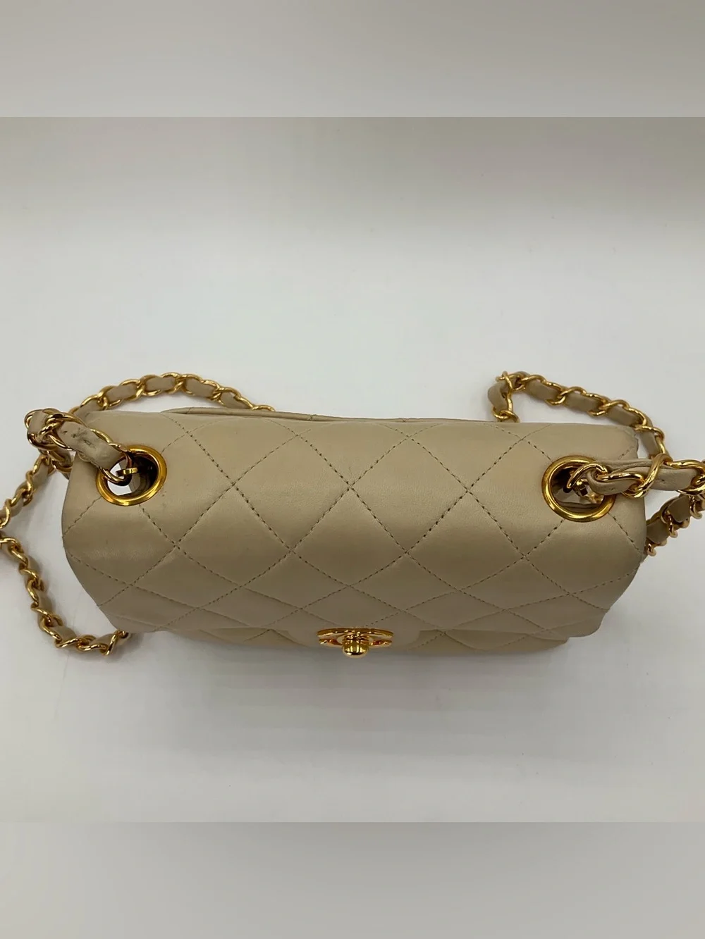 Chanel Classic Mini Flap Beige Quilted Lambskin Leather Gold Chain Shoulder Bag